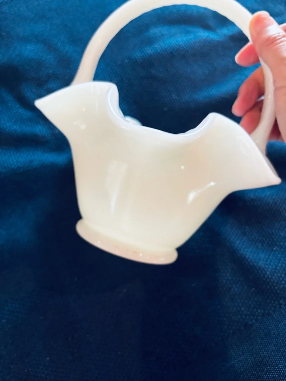 Vintage Fenton Ivory Ruffled Handle Basket Vase